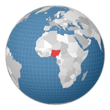 Dünya haritasında yeşil renkle vurgulanmış Nijerya Ülkesi merkezli uydu dünyası