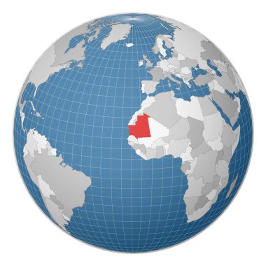 Dünya haritasında yeşil renkle vurgulanmış Moritanya Ülkesi merkezli uydu dünyası