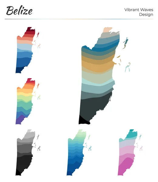 Serie di mappe vettoriali del Belize Design a onde vibranti Luminosa mappa del paese in curve geometriche lisce — Vettoriale Stock