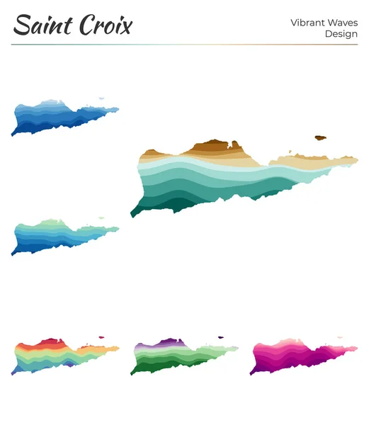 Ensemble de cartes vectorielles de Sainte Croix Vagues vibrantes design Carte lumineuse de l'île en lisse géométrique — Image vectorielle