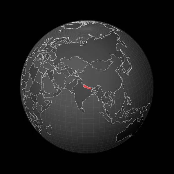 Dunkler Globus um Nepal herum mit roter Farbe auf Weltkarte hervorgehoben Satellitenwelt — Stockvektor