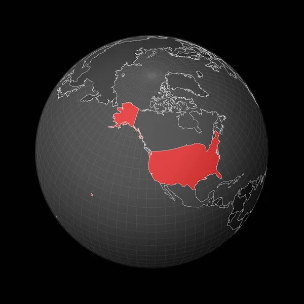 Donkere bol gecentreerd naar USA Land gemarkeerd met rode kleur op wereldkaart Satellietwereld — Stockvector