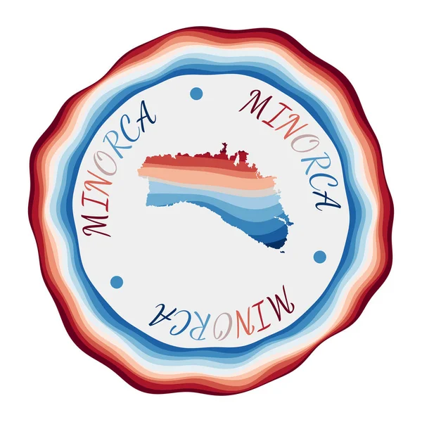 Insignia de Menorca Mapa de la isla con hermosas olas geométricas y vibrante marco rojo azul Vivid — Vector de stock
