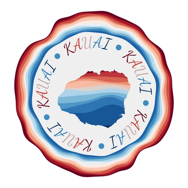 Insignia de Kauai Mapa de la isla con hermosas olas geométricas y vibrante marco rojo azul Vivid — Vector de stock