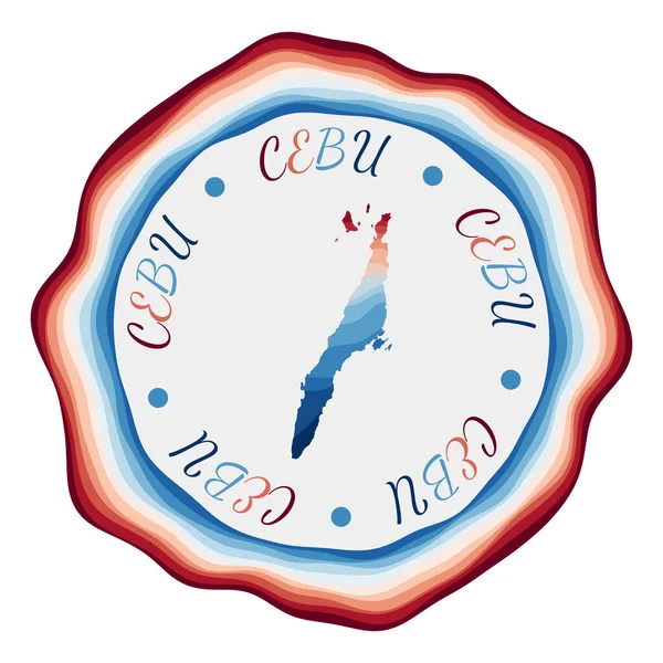 Insignia de Cebú Mapa de la isla con hermosas olas geométricas y vibrante marco rojo azul — Vector de stock