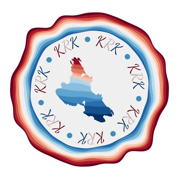 Insignia Krk Mapa de la isla con hermosas olas geométricas y vibrante marco azul rojo — Vector de stock