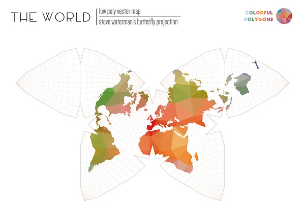 Niski poli mapa świata Steve Watermans motyl projekcja świata Kolorowe wielokąty — Wektor stockowy