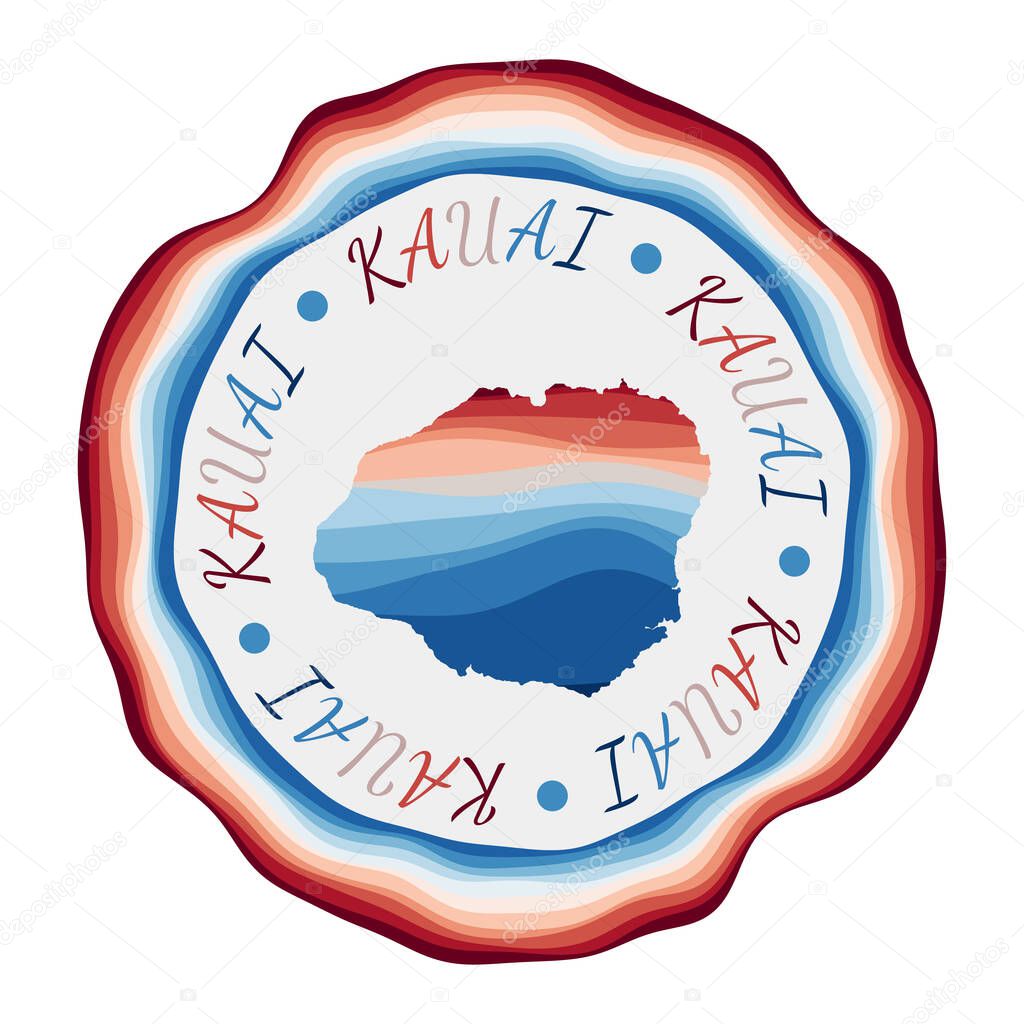 Kauai badge Map of the island with beautiful geometric waves and vibrant red blue frame Vivid