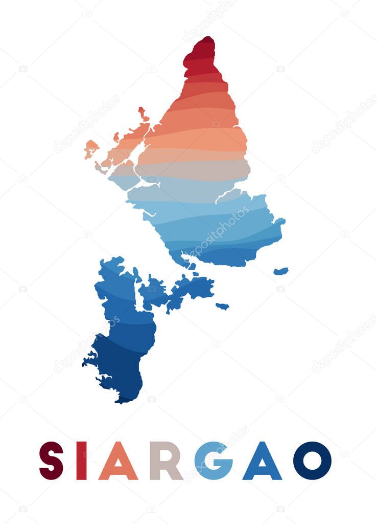 Siargao map. Map of the island with beautiful geometric waves in red blue colors. Vivid Siargao shape. Vector illustration.