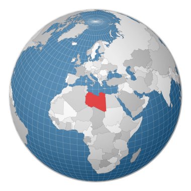 Dünya haritasında dünya haritasında yeşil renkle vurgulanmış Libya ülkesine odaklı dünya