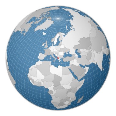 Dünya haritasında uydunun yeşil rengine vurgulanmış Arnavutluk Ülkesi merkezli dünya