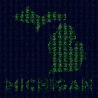 Michigan 'ın dijital Michigan logosu ABD' nin ABD eyaleti hacker stili ikili kod haritası.