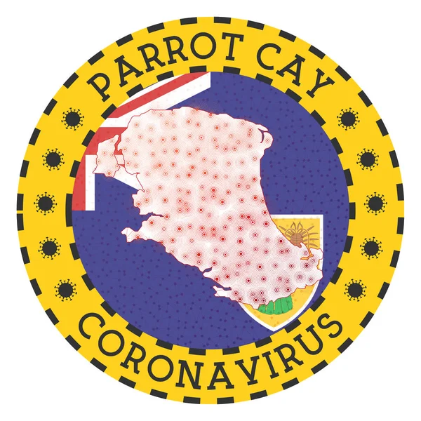 Coronavirus σε Parrot Cay υπογράψει στρογγυλό σήμα με το σχήμα του Parrot Cay κίτρινο νησί κλειδώσει έμβλημα — Διανυσματικό Αρχείο