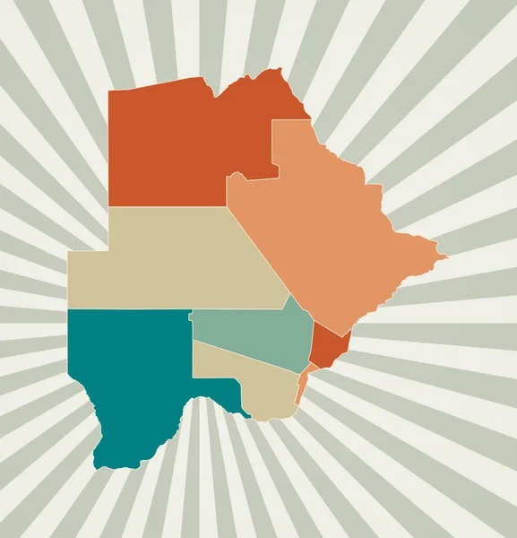 Mapa de Botswana Póster con mapa del país en paleta de colores retro Forma de Botswana con sunburst — Archivo Imágenes Vectoriales