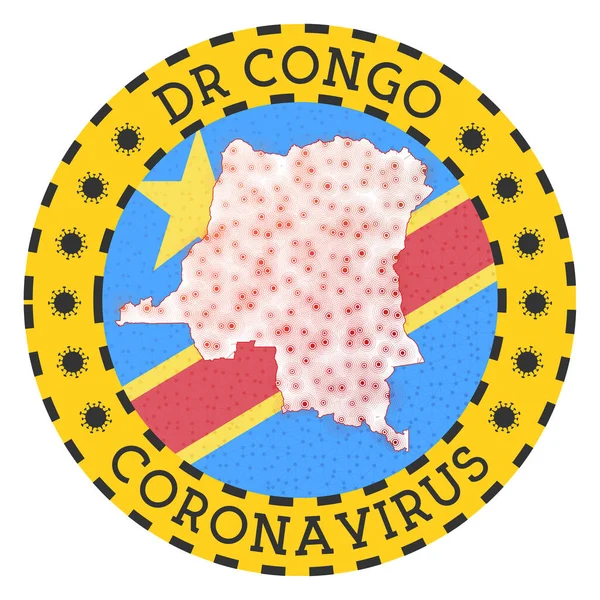 Coronavirus nella Repubblica Democratica del Congo segno distintivo rotondo con la forma della Repubblica Democratica del Congo Paese giallo bloccare emblema — Vettoriale Stock