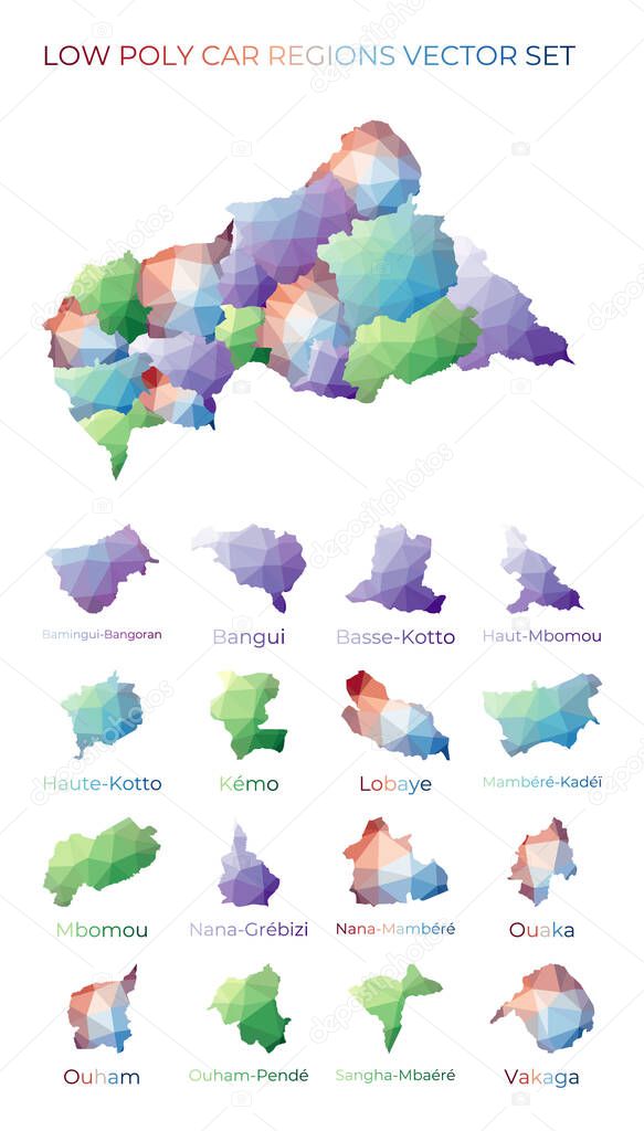 Central African low poly regions Polygonal map of CAR with regions Geometric maps for your design