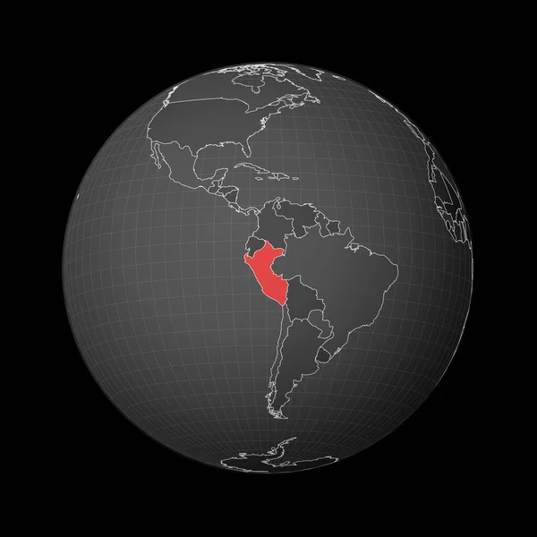 Ciemny glob skupiony na Peru Kraj zaznaczony czerwonym kolorem na mapie świata — Wektor stockowy