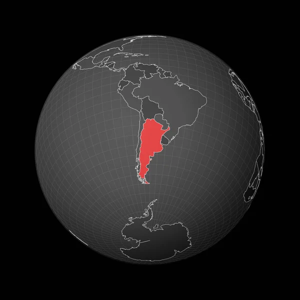 Ciemny glob skupiony na Argentynie Kraj zaznaczony czerwonym kolorem na mapie świata — Wektor stockowy