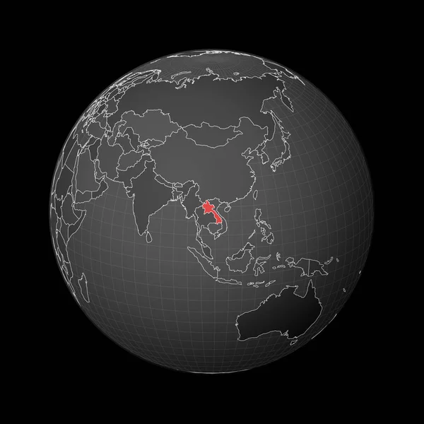 Globe sombre centré sur le Laos Pays mis en évidence avec la couleur rouge sur la carte du monde Monde satellite — Image vectorielle