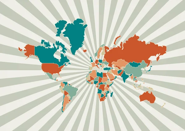 O mapa do mundo Cartaz com mapa do mundo em paleta de cores retro Forma do mundo com sunburst — Vetor de Stock