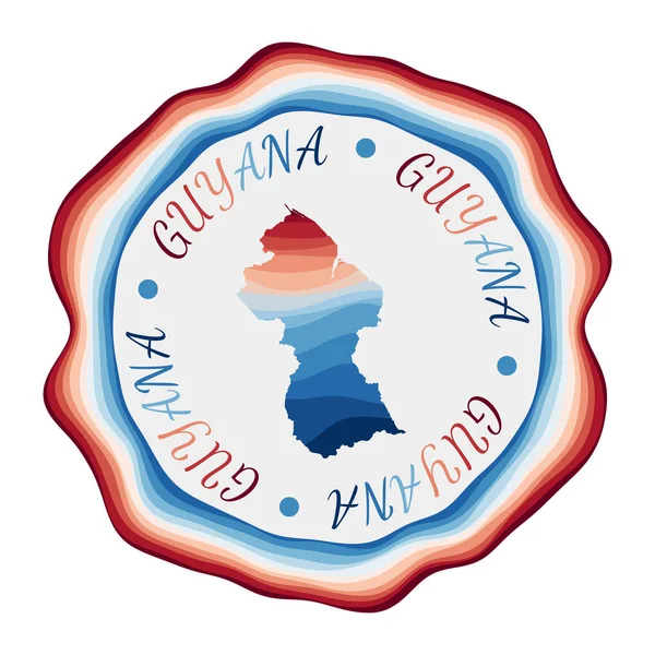 Distintivo da Guiana Mapa do país com belas ondas geométricas e moldura azul vermelho vibrante Vivid — Vetor de Stock