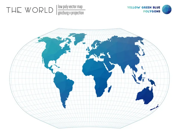 Mappa astratta Ginzburg V proiezione del mondo Giallo Verde Blu poligoni colorati Incredibile — Vettoriale Stock
