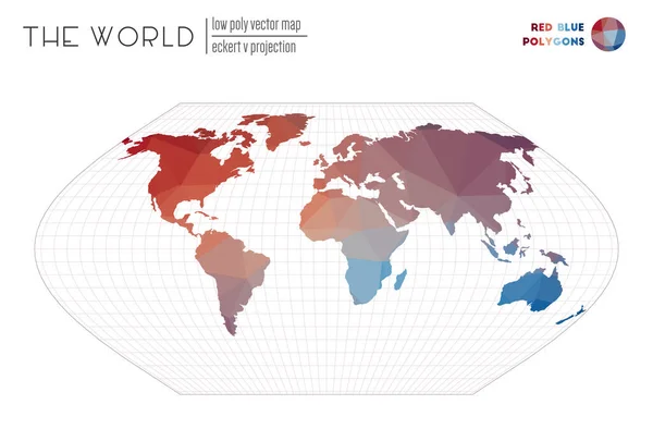 Mapa do mundo em estilo poligonal Eckert V projeção do mundo Vermelho Azul polígonos coloridos — Vetor de Stock