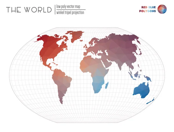 世界の低ポリワールドマップウィンケルトリペル投影赤青色多角形クリエイティブ — ストックベクタ