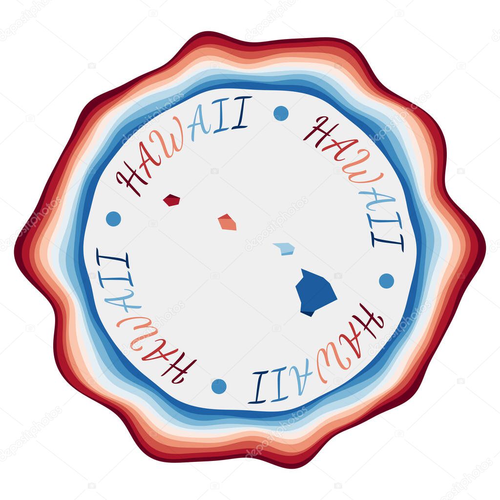 Hawaii badge. Map of the us state with beautiful geometric waves and vibrant red blue frame. Vivid round Hawaii logo. Vector illustration.
