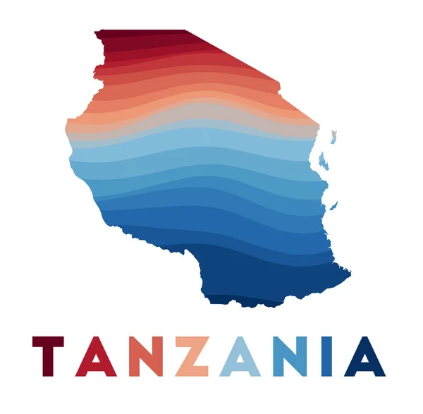 Mapa de Tanzania Mapa del país con hermosas olas geométricas en colores azules rojos — Archivo Imágenes Vectoriales