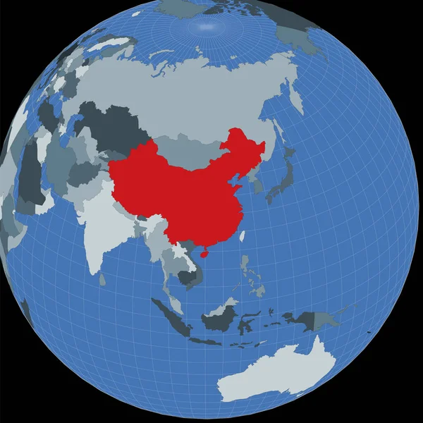 Vorm van China in de context van buurlanden Land gemarkeerd met rode kleur op de wereld — Stockvector