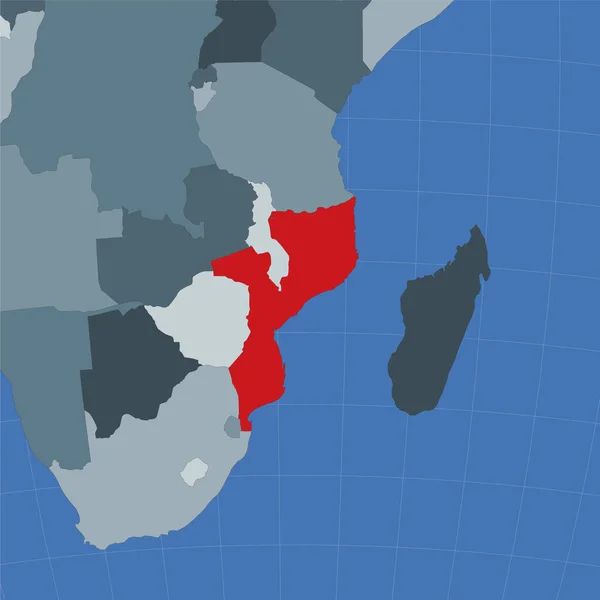 Form av Moçambique i samband med grannländerna Land markeras med röd färg på — Stock vektor
