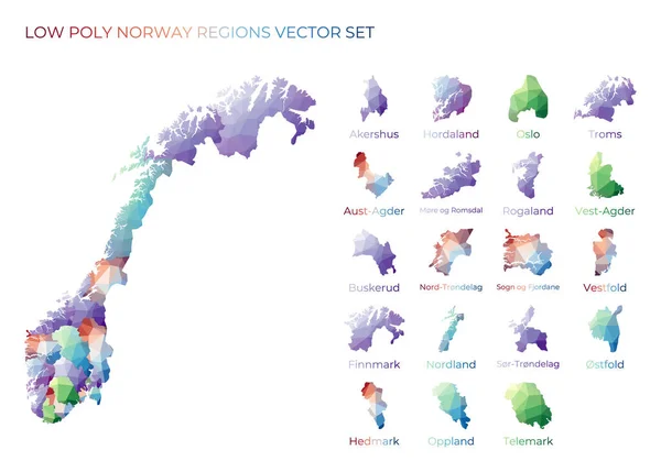 นอร์เวย์ ภูมิภาคโพลีต่ํา แผนที่หลายเหลี่ยมของนอร์เวย์ที่มีภูมิภาค แผนที่เรขาคณิตสําหรับการออกแบบของคุณ — ภาพเวกเตอร์สต็อก