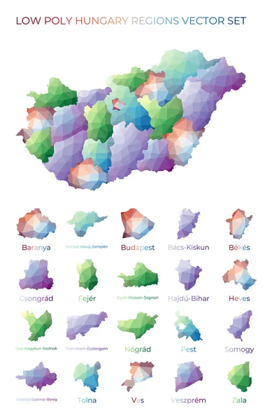 Hongaarse lage polyregio 's Polygonale kaart van Hongarije met regio' s Geometrische kaarten voor uw ontwerp — Stockvector