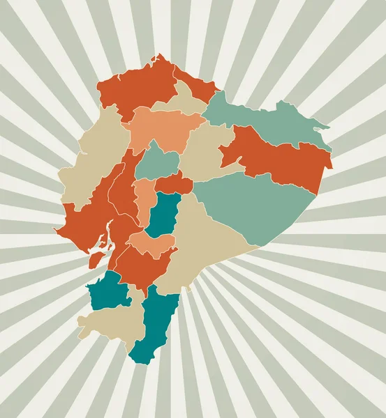 에콰도르 지도 Poster with map of the country in retro color palette Shape of Ecuador and sunburst — 스톡 벡터