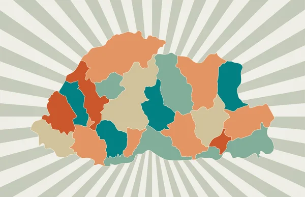 Mapa de Bután Póster con mapa del país en paleta de colores retro Forma de Bután con explosión de sol — Vector de stock