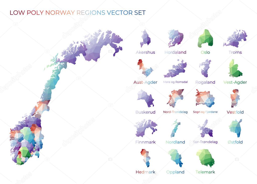 Norwegian low poly regions Polygonal map of Norway with regions Geometric maps for your design