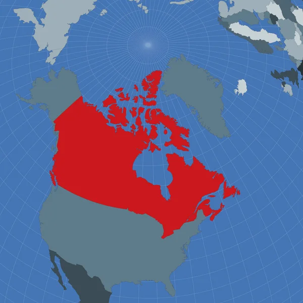Form des Kanadas im Kontext der Nachbarländer Land mit roter Farbe auf der Welt hervorgehoben — Stockvektor