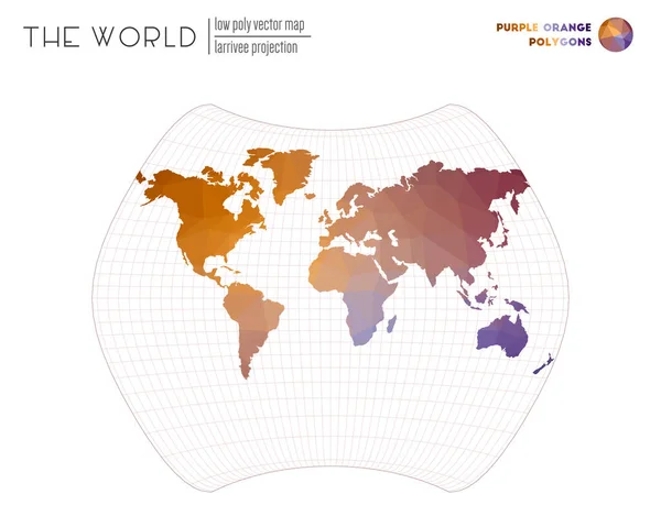 Laag poly ontwerp van de wereld Larrivee projectie van de wereld Paars Oranje gekleurde polygonen — Stockvector
