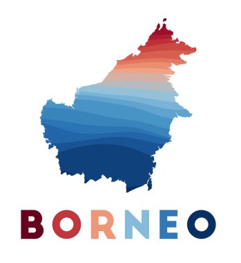 Borneo Haritası Güzel geometrik dalgalar ile kırmızı mavi renkli Borneo şekli