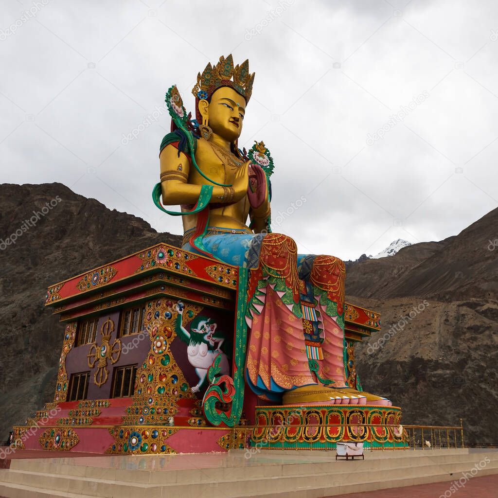 A statue of Maitreya Buddha at Diskit Monastery Nubra Valley Ladakh India