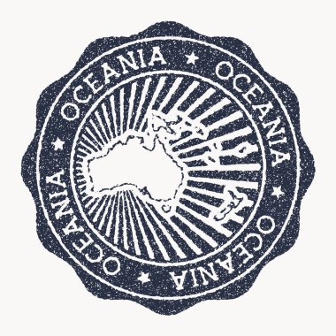Okyanusya pulu Kıta vektör illüstrasyonunun adı ve haritasıyla seyahat kauçuk damgası