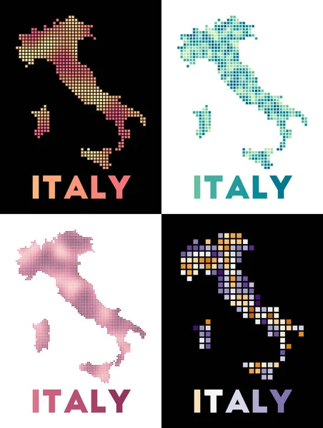 Italien Karte Sammlung von Landkarten von Italien im punktierten Stil Grenzen des Landes gefüllt mit Rechtecken — Stockvektor