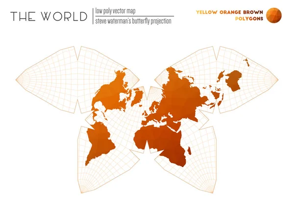 Wereldkaart met levendige driehoeken Steve Watermans vlinder projectie van de wereld Geel Oranje — Stockvector