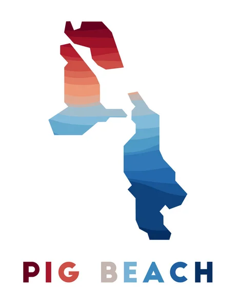 Pig Beach mapa Mapa da ilha com belas ondas geométricas em vermelho cores azuis Vivid Pig Beach — Vetor de Stock