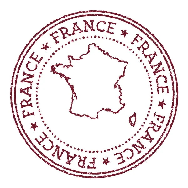 Francia timbro di gomma rotondo con mappa del paese timbro passaporto rosso Vintage con testo circolare e stelle — Vettoriale Stock