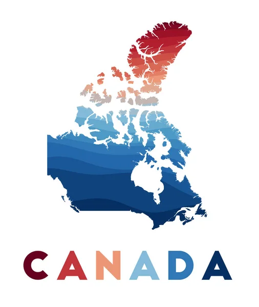 캐나다 지도: 붉은 청색 비비드 캐나다의 아름다운 기하학적 물결이 있는 나라 지도 — 스톡 벡터