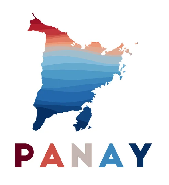 Mapa de Panay Mapa de la isla con hermosas olas geométricas en colores azules rojos — Vector de stock