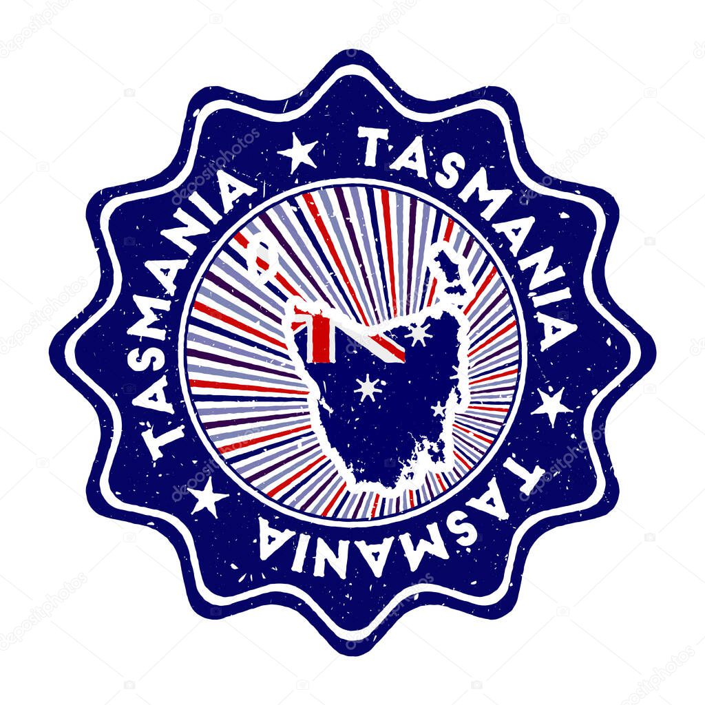 Tasmania round grunge stamp with island map and country flag Vintage badge with circular text and