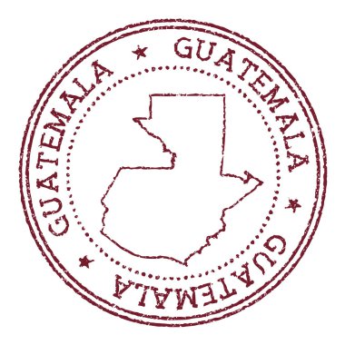 Guatemala yuvarlak kauçuk damgalı, ülke haritası, dairesel metin ve kırmızı pasaport damgalı.